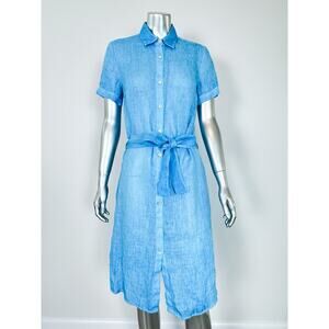 120% Lino Dress Womens 40 Linen Aqua Blue Collared Belted Beach Resort